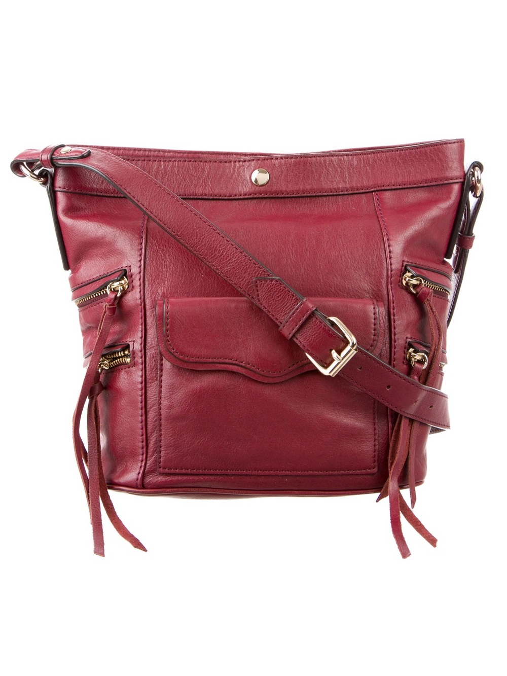 REBECCA MINKOFF Dexter Burgundy Red Smooth Leather Crossbody Tassel Bucket Bag